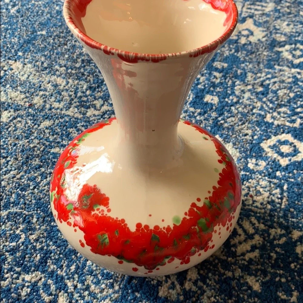 Vintage cream red green poppy mid century modern vase